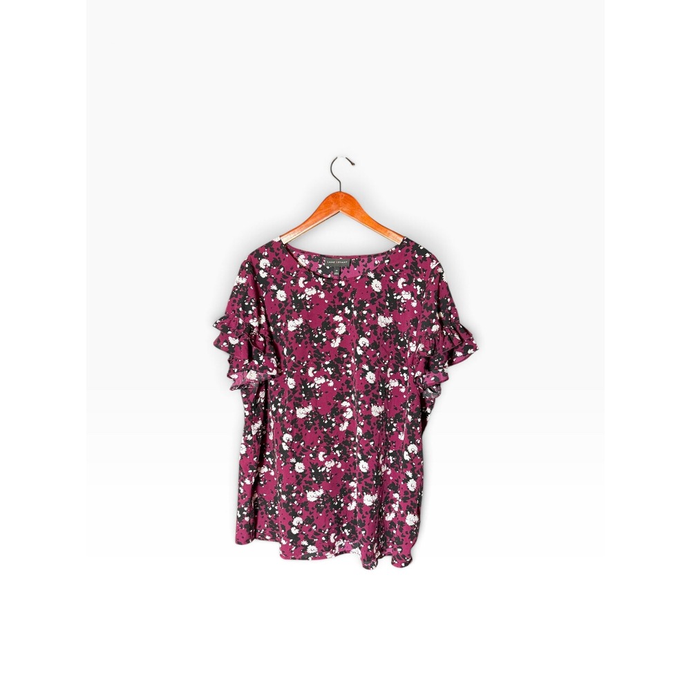 Lane Bryant Blouse Womens 20 Magenta Floral Ruffle Sleeve Polyester Relaxed Top